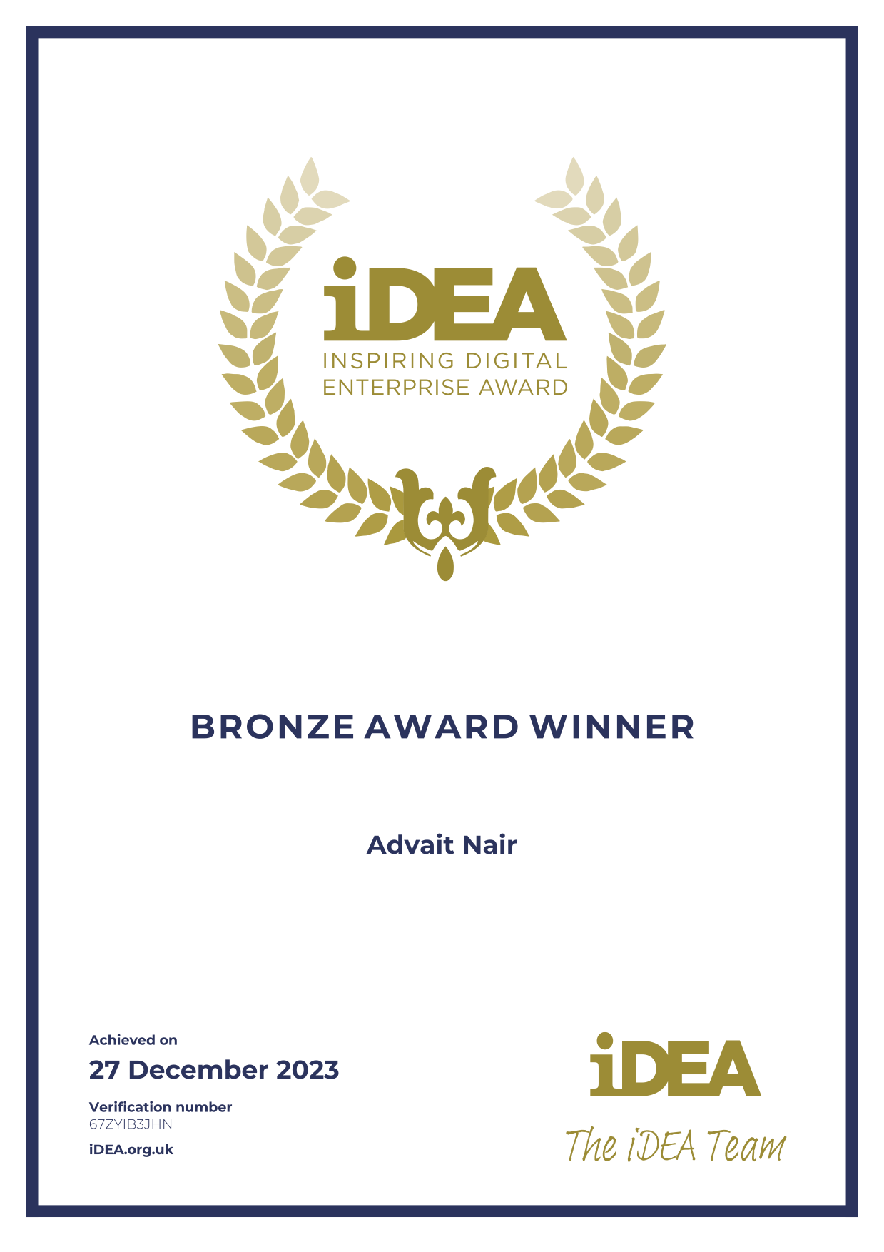 Bronze iDEA Award - achieved c.27/12/2023