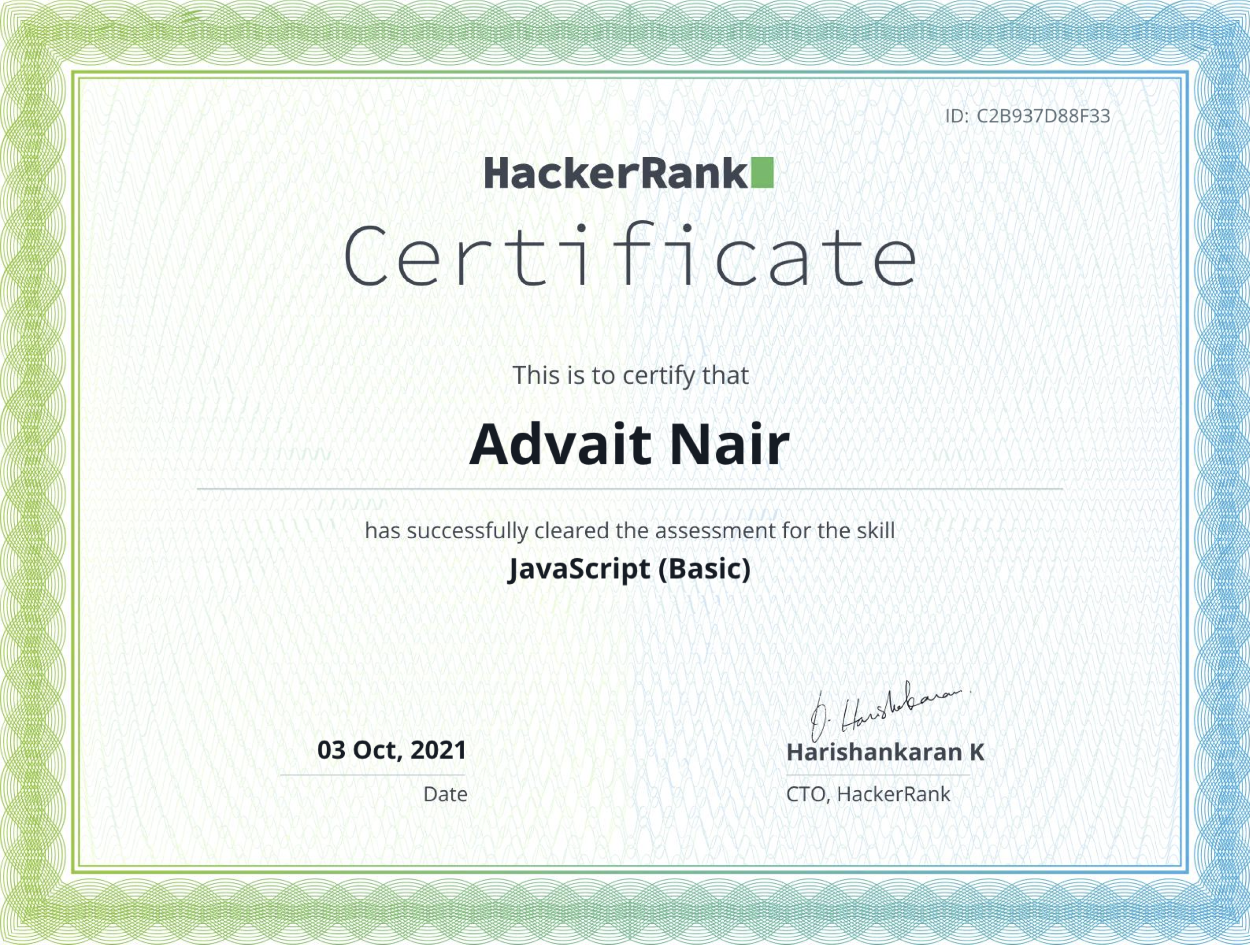 Hackerrank Javascript Basic - achieved c.03/10/2021